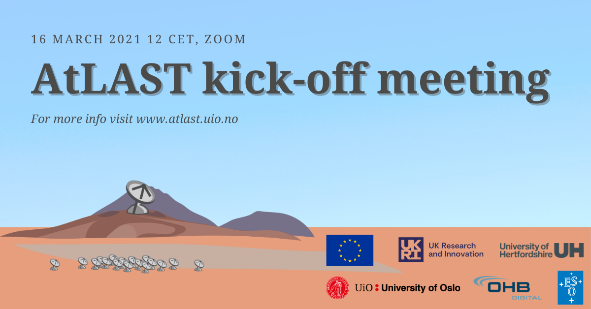 Drawing of a desert landscape with a radio antenna and some hills and text "AtLAST kick-off meeting"