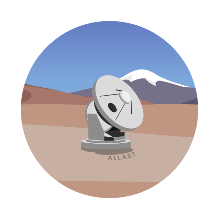 New AtLAST logo showing an antenna, mountains with snow and desert